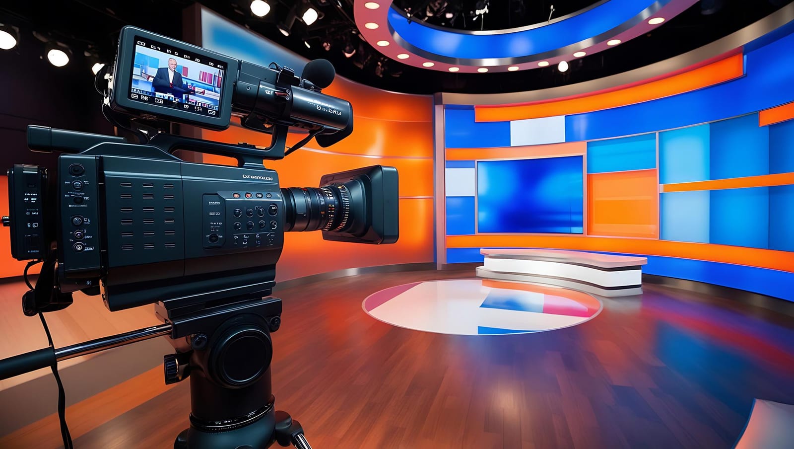 Câmera de transmissão profissional em estúdio de televisão moderno