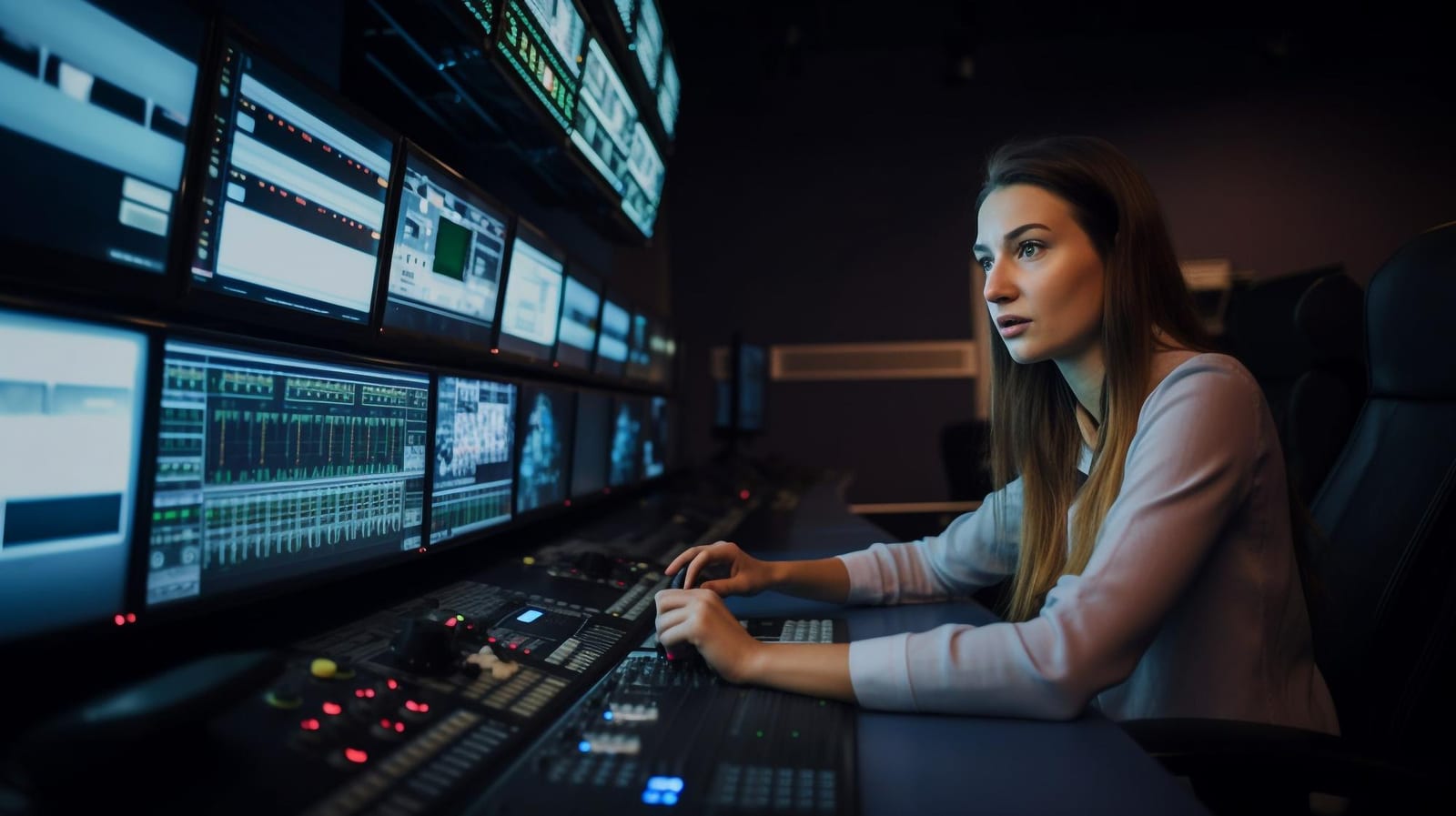 Profissional trabalhando na sala de controle de uma emissora de televisão