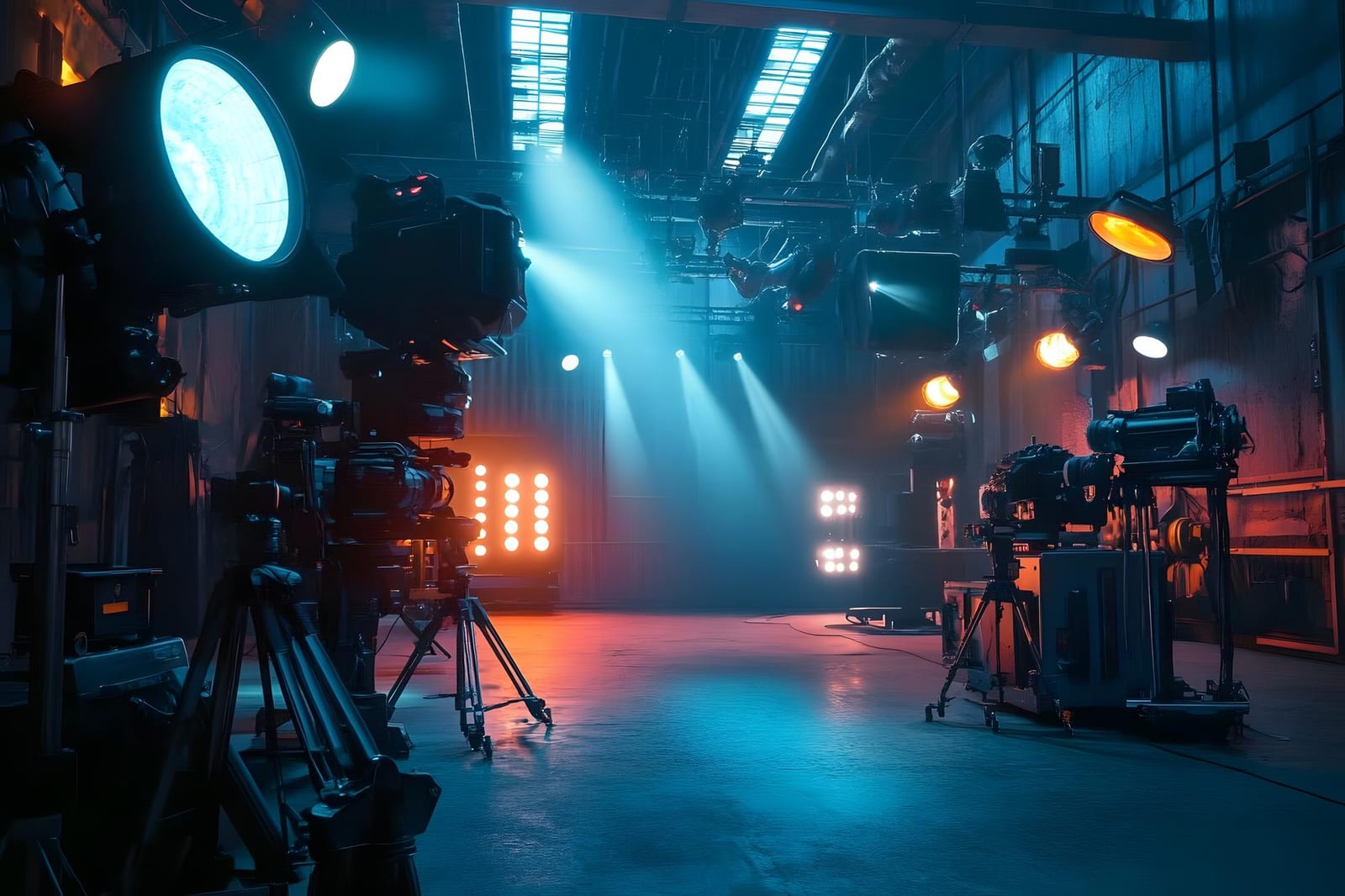Set de estúdio de filmagem com câmeras e iluminação