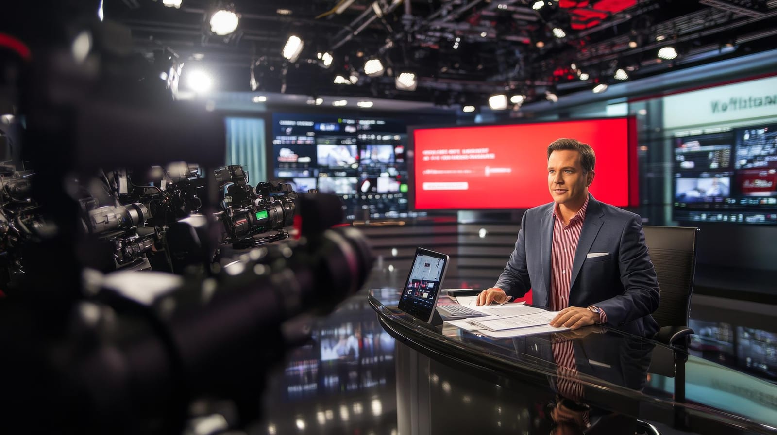 Jornalista apresentando notícias em estúdio com múltiplas câmeras